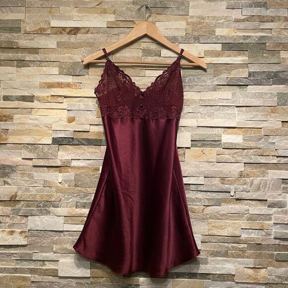 Eblin Lingerie S Satin Chemise | Burgundy Embroidered Lace Nightgown Slip Dress - Picture 6 of 9
